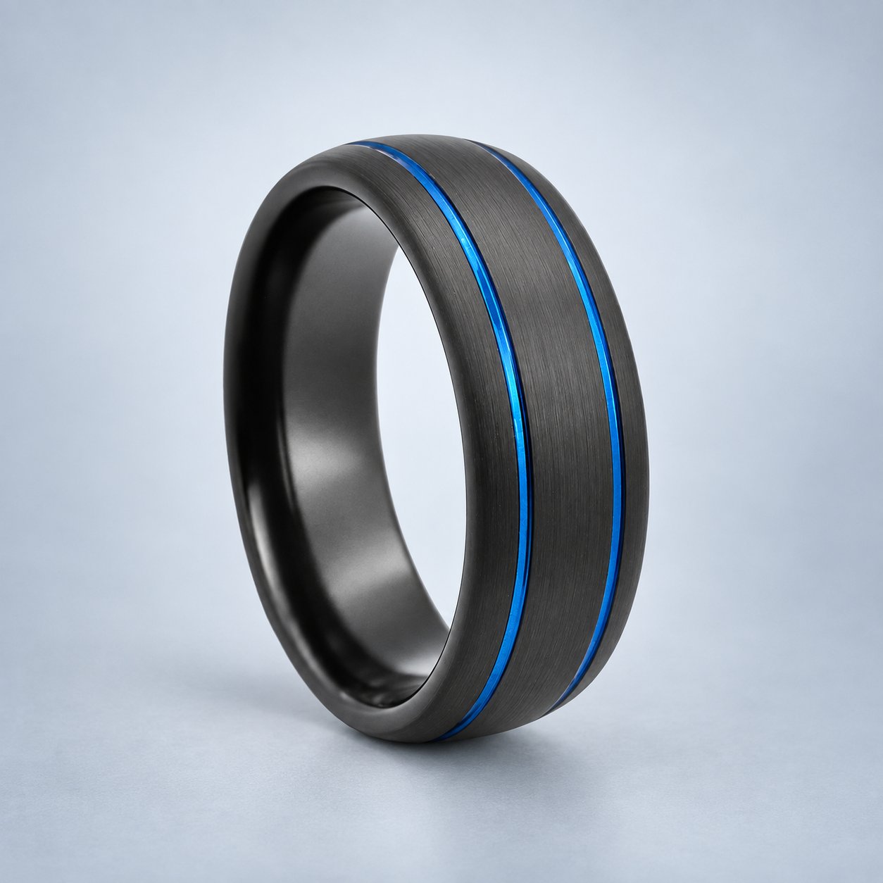 Men's Black + Blue Striped Tungsten Band Ring