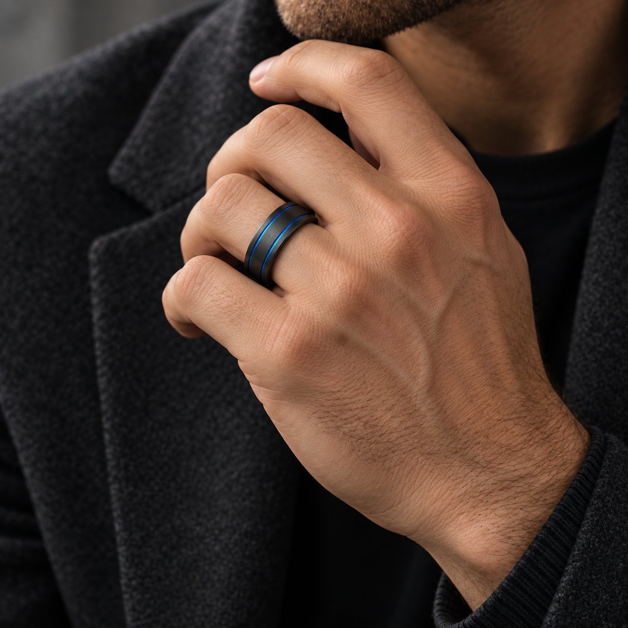 Men's Black + Blue Striped Tungsten Band Ring