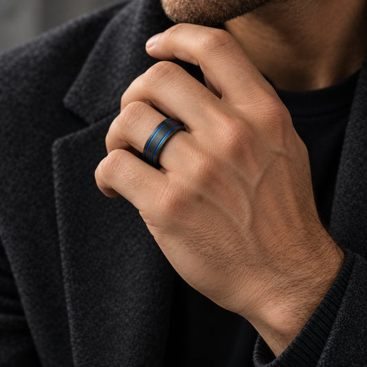 Men's Black + Blue Striped Tungsten Band Ring