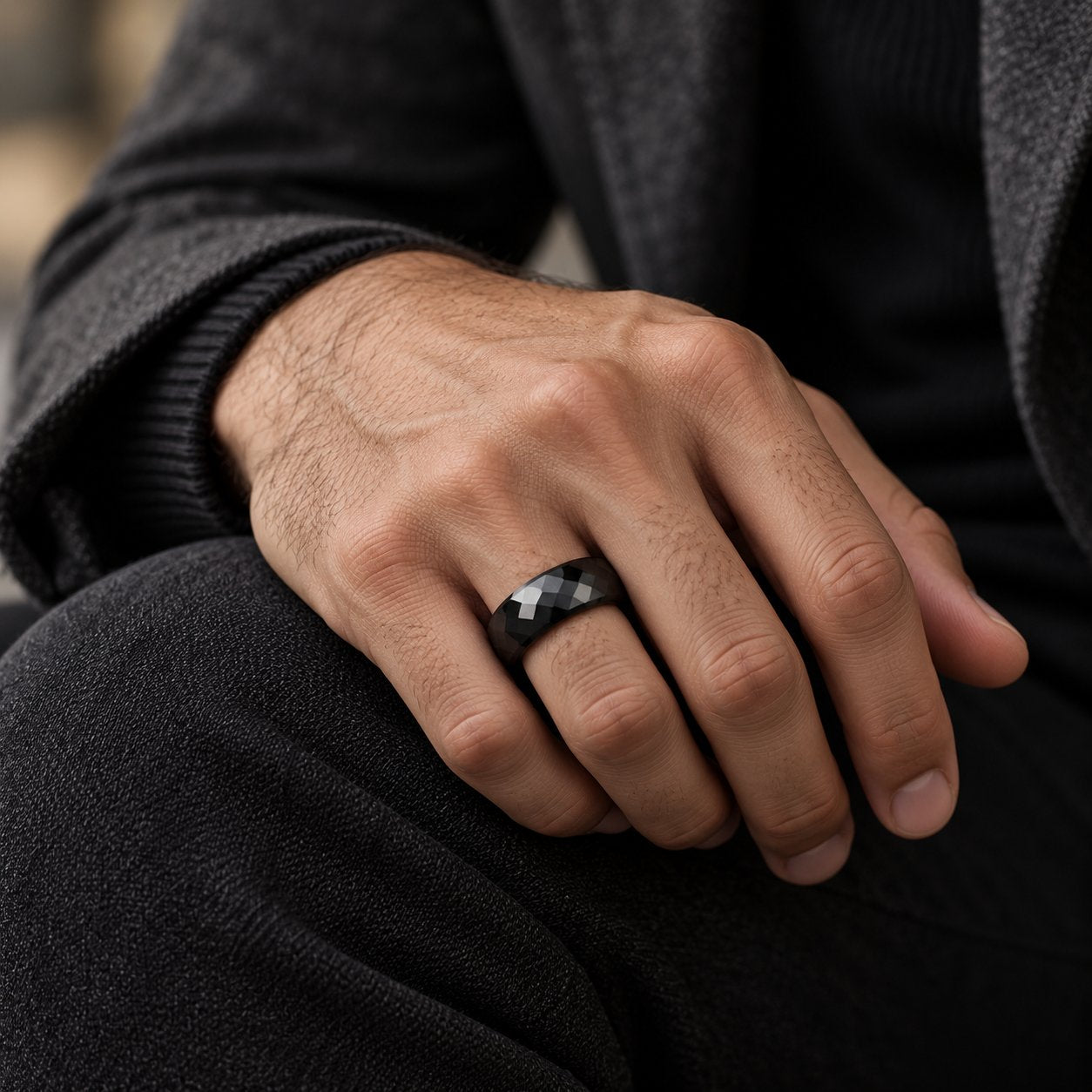 Men’s Black Faceted Tungsten Band Ring