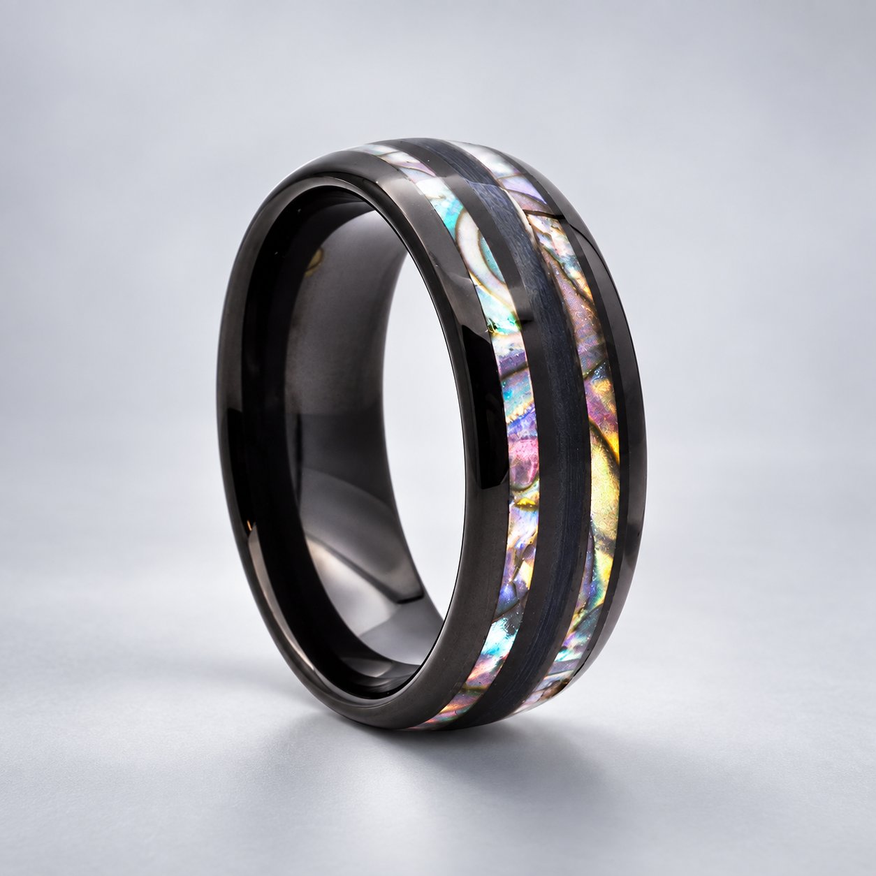 Men’s Black Tungsten Band Ring with Abalone Stripes
