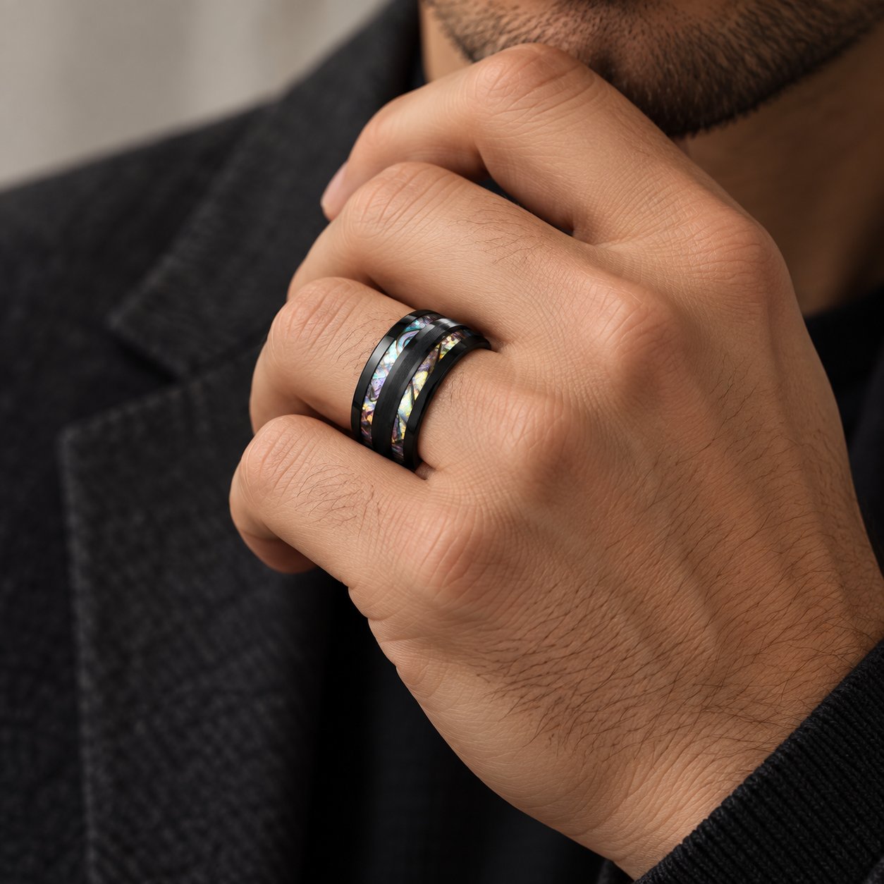 Men’s Black Tungsten Band Ring with Abalone Stripes