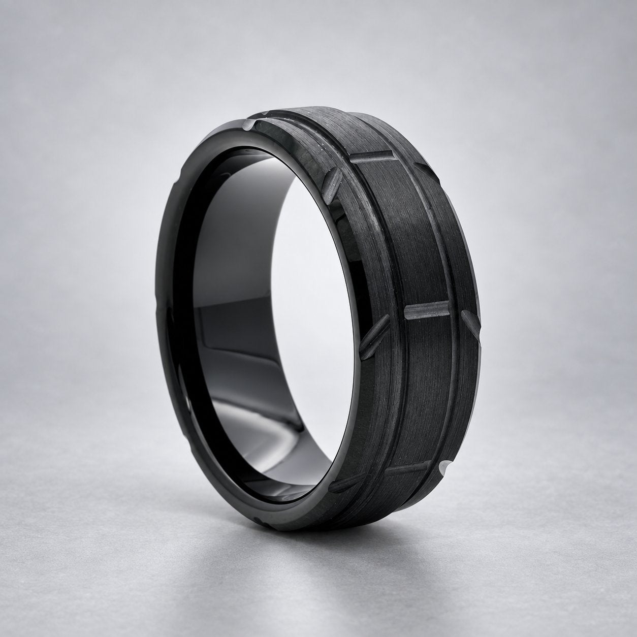 Men's Black Tungsten Double Etched Stripe Band Ring