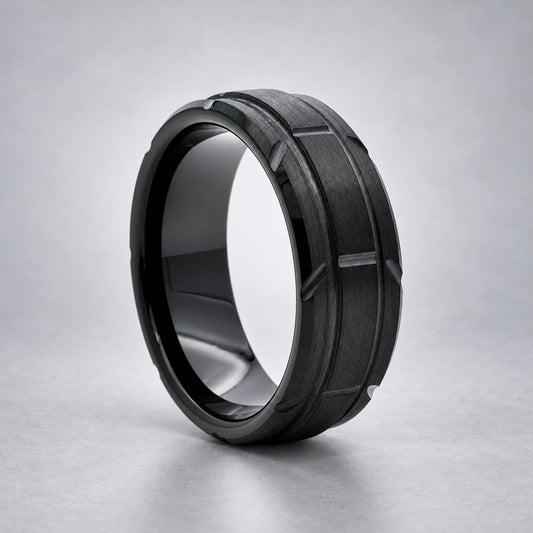 Men's Black Tungsten Double Etched Stripe Band Ring