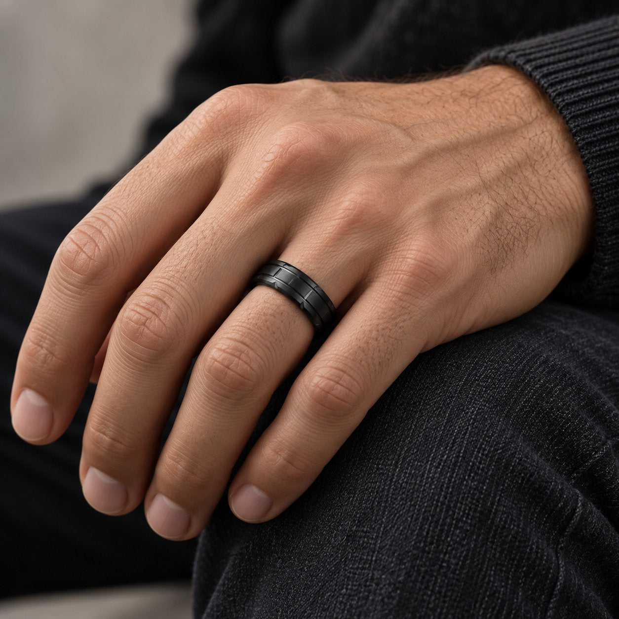 Men's Black Tungsten Double Etched Stripe Band Ring