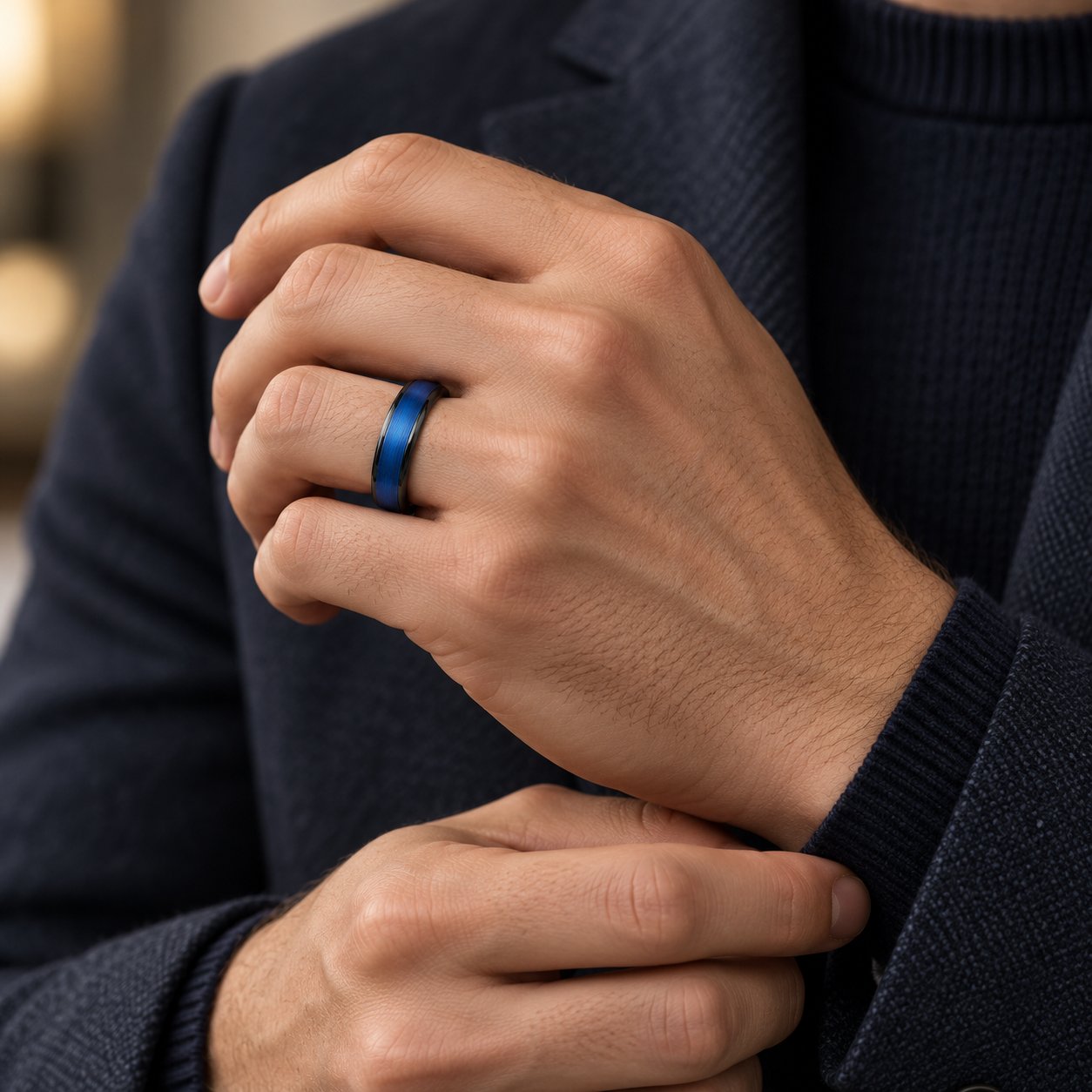Men’s Two-Toned Blue + Black Tungsten Band Ring