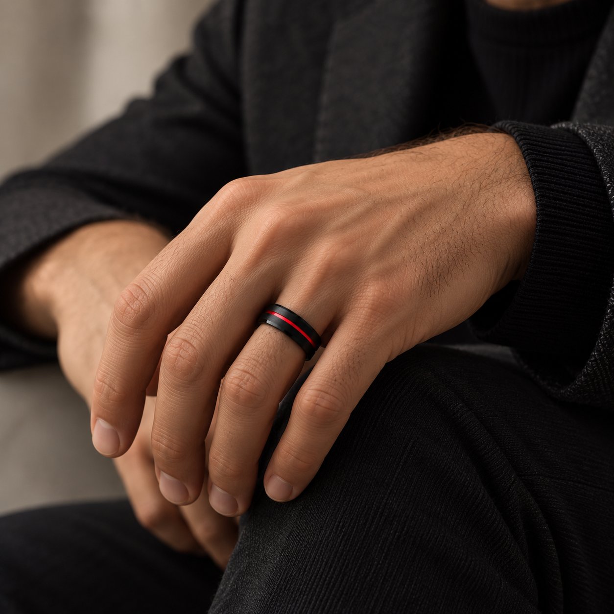 Men’s Black + Red Plated Tungsten Band Ring