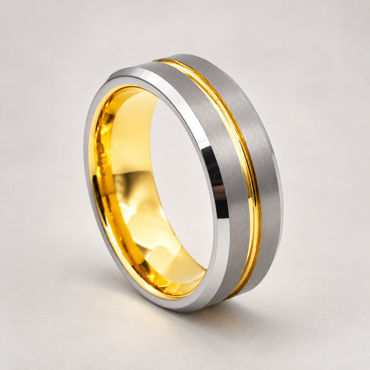 Men’s Two Tone Gold Etched Stripe Tungsten Band Ring