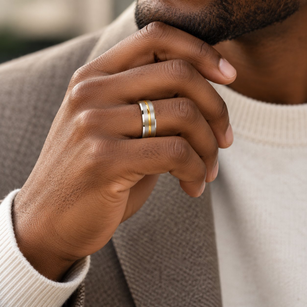 Men’s Two Tone Gold Etched Stripe Tungsten Band Ring