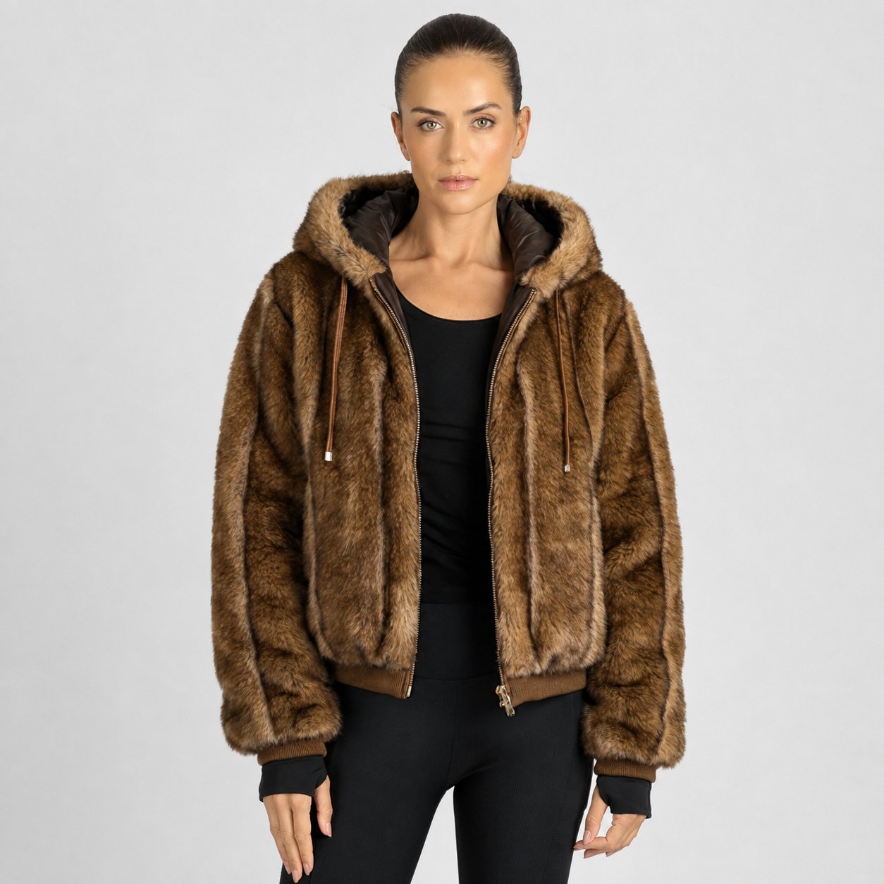 Reversible Quilted Faux Fur Hoodie Jacket – Tawny