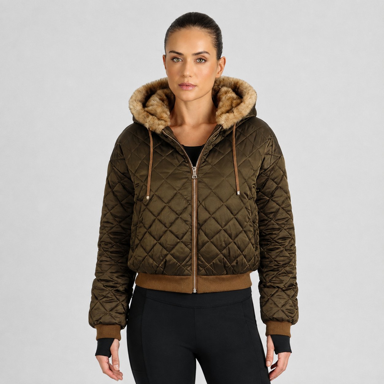 Reversible Quilted Faux Fur Hoodie Jacket – Tawny