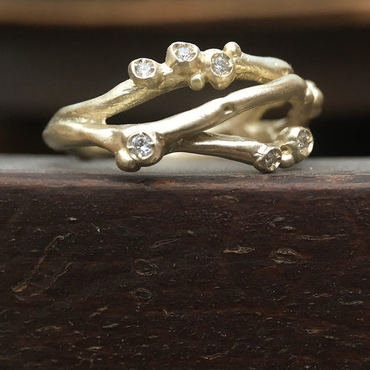 14k Gold + Diamond Encrusted Three Branch Ring