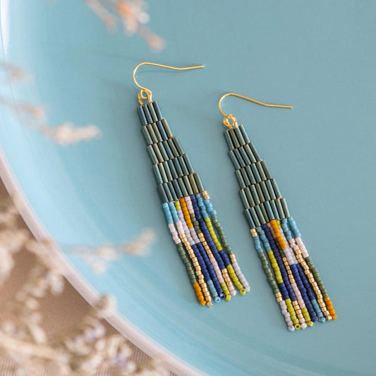 Beaded Handwoven Abstract Fringe Earrings - Emerald