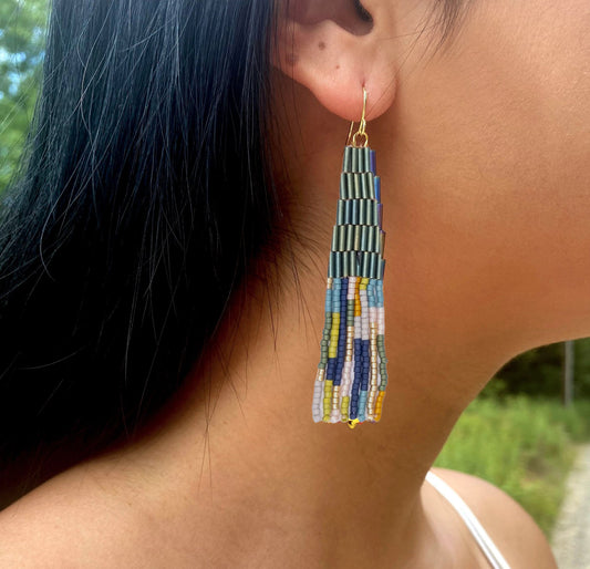 Beaded Handwoven Abstract Fringe Earrings - Emerald