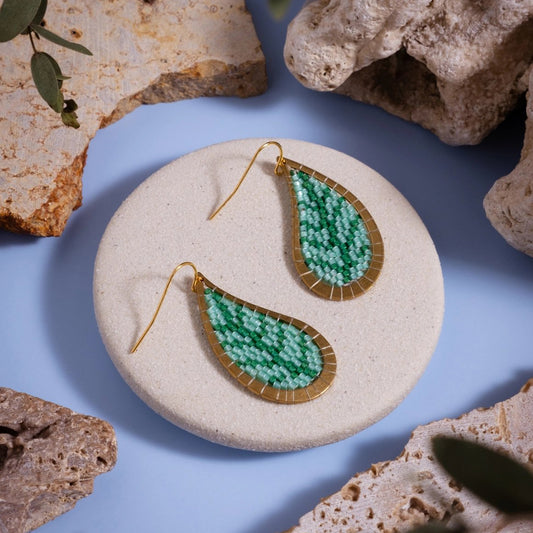 Beaded Handwoven Brass Framed Leaf Earrings - Green