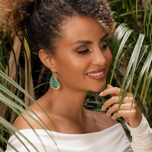 Beaded Handwoven Brass Framed Leaf Earrings - Green