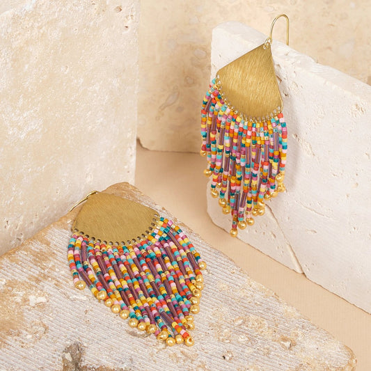Beaded Handwoven Confetti Fringe Earrings - Purple/Rust