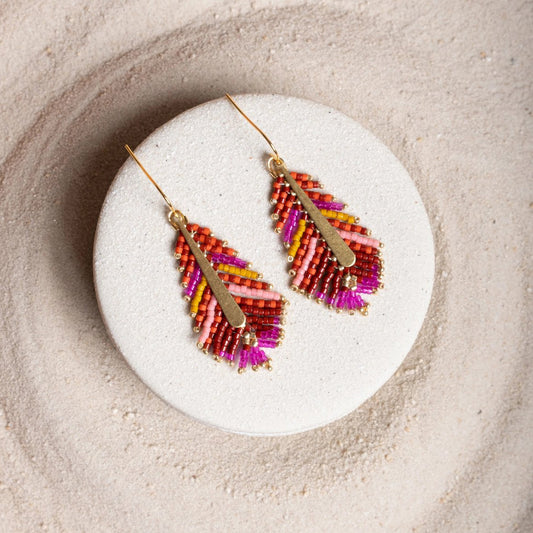Beaded Handwoven Gilded Feather Earrings - Magenta/Orange