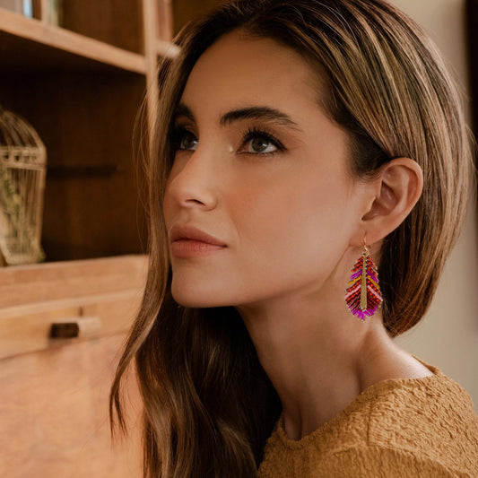 Beaded Handwoven Gilded Feather Earrings - Magenta/Orange
