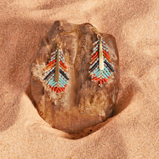 Beaded Handwoven Gilded Feather Earrings - Rust/Aqua