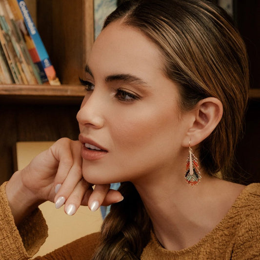 Beaded Handwoven Gilded Feather Earrings - Rust/Aqua