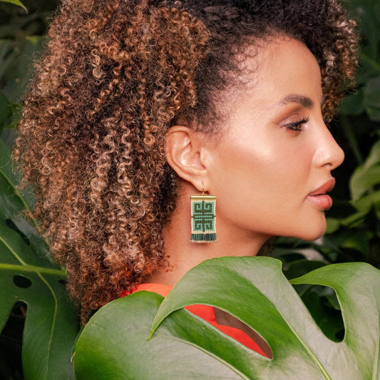 Beaded Handwoven Jungle Labyrinth Earrings - Green/Cream