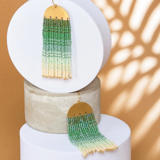 Beaded Handwoven Ombre Fringe Earrings - Green