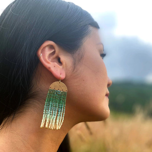 Beaded Handwoven Ombre Fringe Earrings - Green