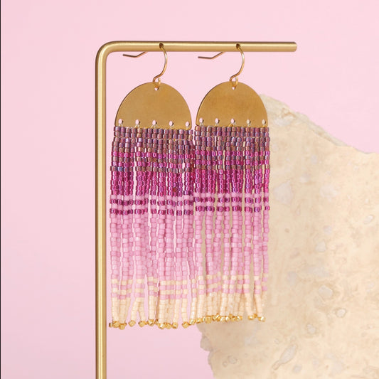Beaded Handwoven Ombre Fringe Earrings - Pink