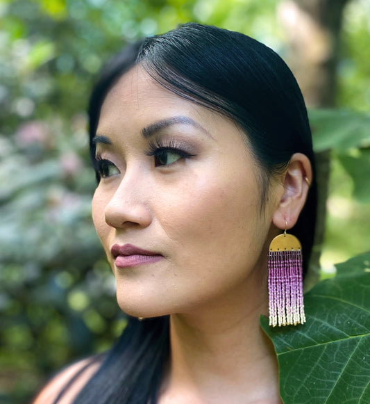 Beaded Handwoven Ombre Fringe Earrings - Pink