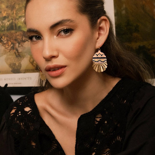 Beaded Handwoven Santa Fe Drop Earrings - Peach/Beige