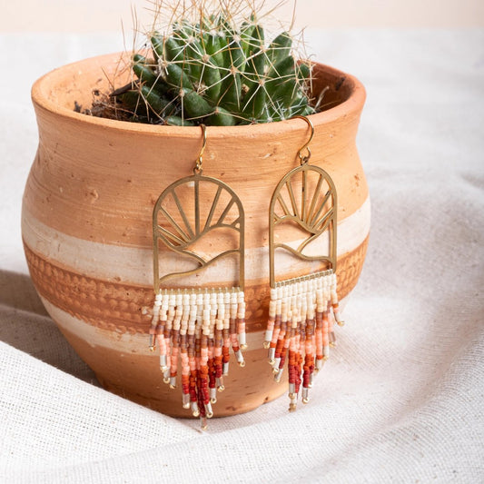 Beaded Handwoven Sedona Sunset Fringe Earrings - Rust/Salmon