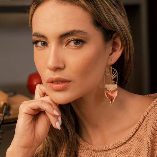 Beaded Handwoven Sedona Sunset Fringe Earrings - Rust/Salmon