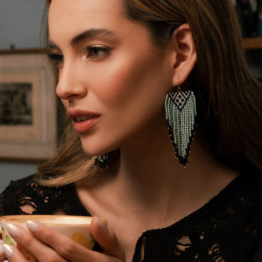 Beaded Handwoven Sonoran Triangle Fringe Earrings - Aqua