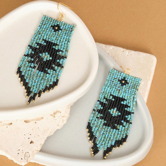 Beaded Handwoven Tribal Fringe Earrings - Aqua/Black
