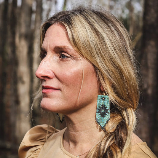 Beaded Handwoven Tribal Fringe Earrings - Aqua/Black