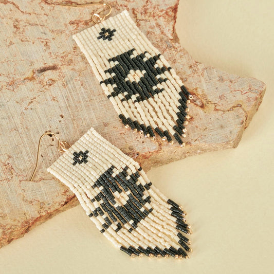 Beaded Handwoven Tribal Fringe Earrings - Cream/Black