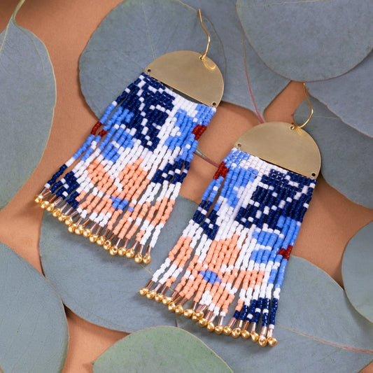 Beaded Handwoven Tropical Fringe Earrings - Blue/Peach