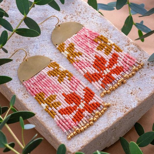 Beaded Handwoven Tropical Fringe Earrings - Pink/Mustard