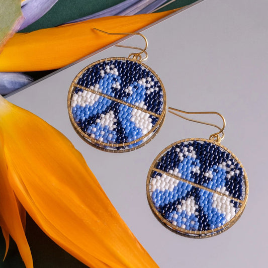 Beaded Handwoven Twin Bird Earrings - Blue/White