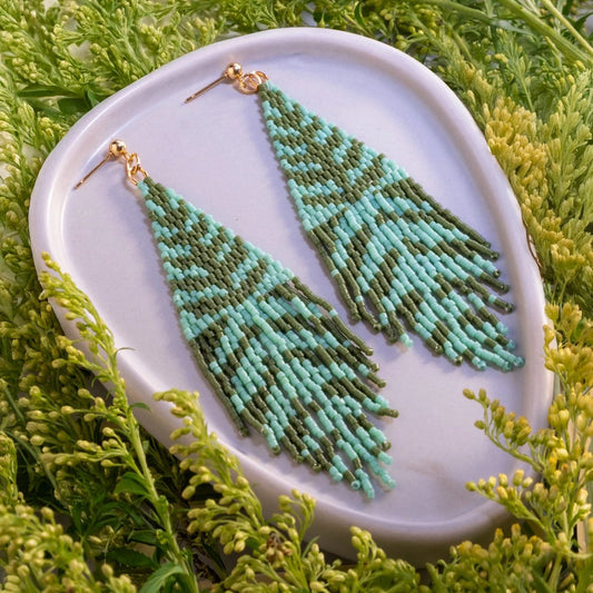 Beaded Handwoven Vine Fringe Post Earrings - Turquoise/Olive