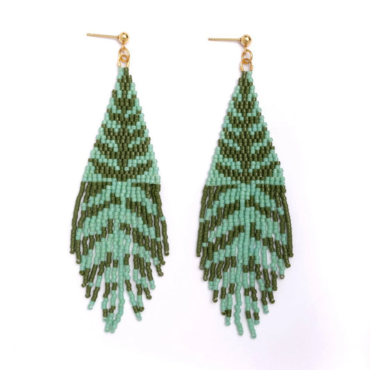 Beaded Handwoven Vine Fringe Post Earrings - Turquoise/Olive