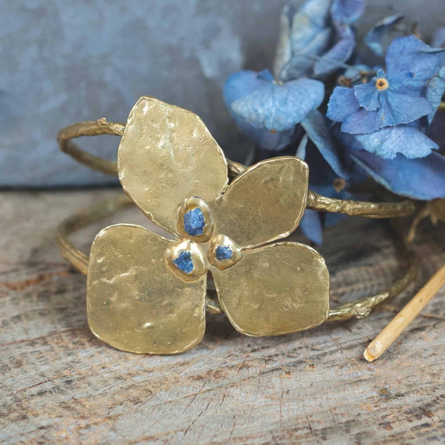 Brass Big Bloom Statement Cuff Bracelet with Raw Sapphires