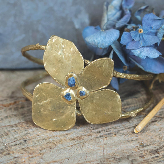 Brass Big Bloom Statement Cuff Bracelet with Raw Sapphires