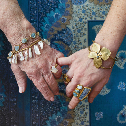 Brass Big Bloom Statement Cuff Bracelet with Raw Sapphires