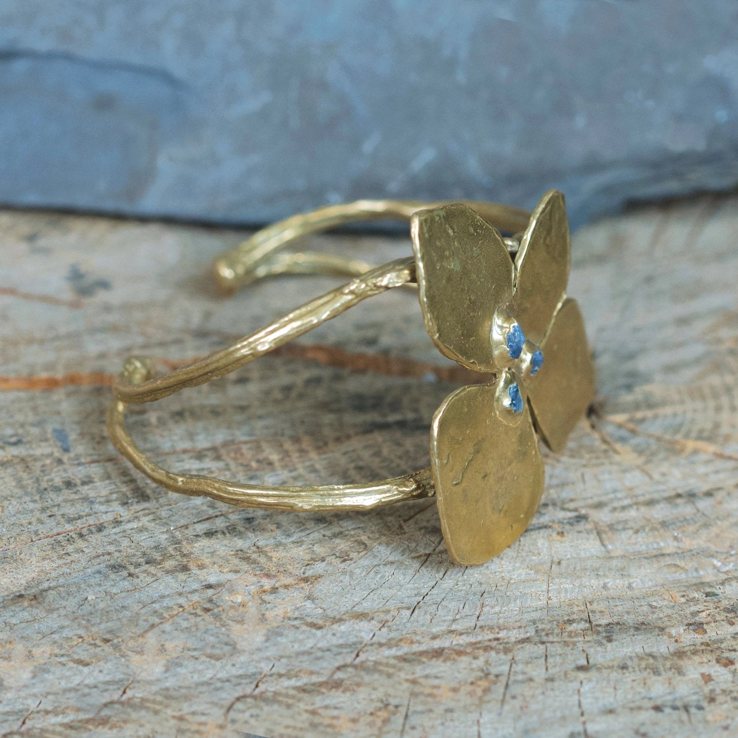 Brass Big Bloom Statement Cuff Bracelet with Raw Sapphires
