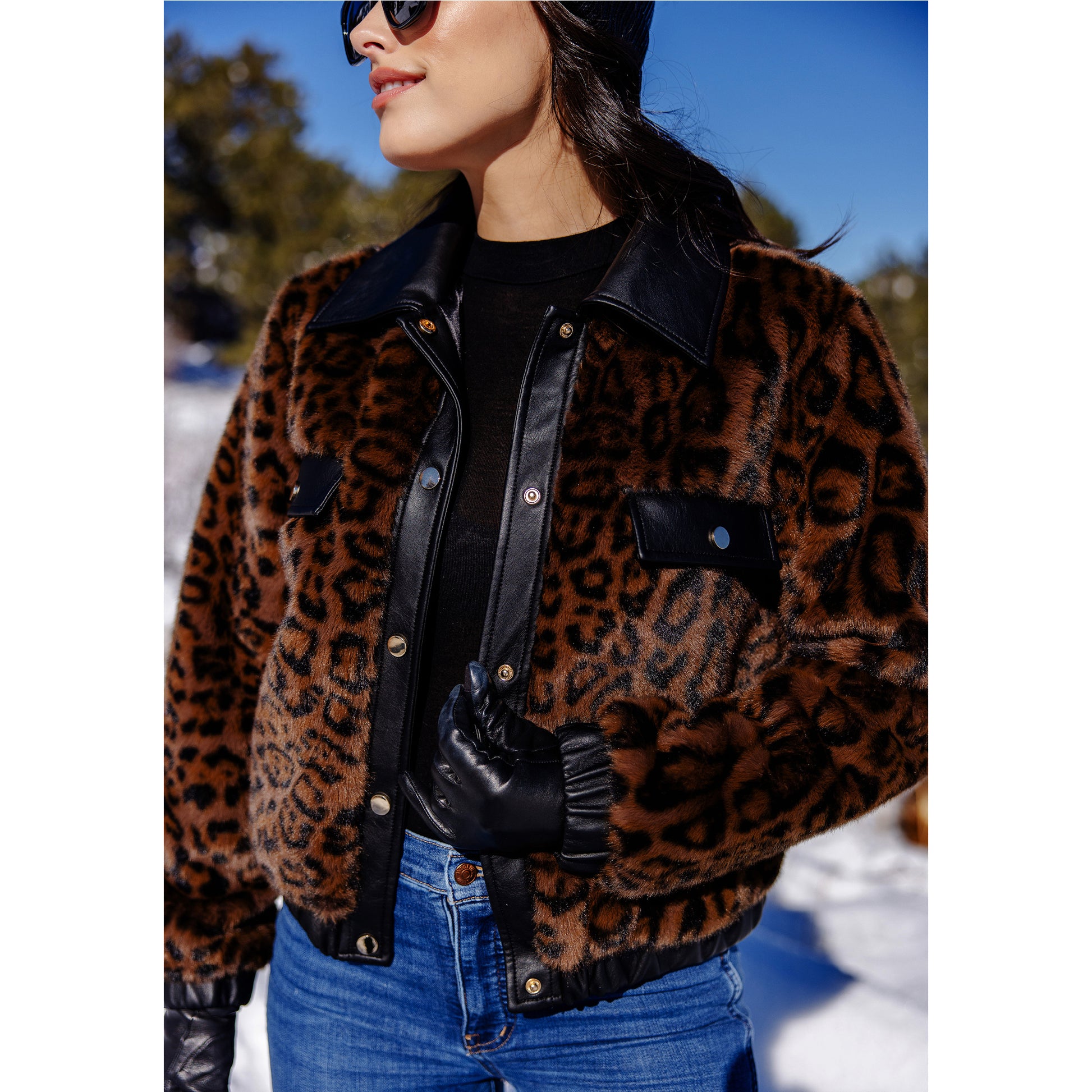 Faux Fur 'Billie Bomber' Jacket - Leopard + Black