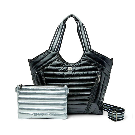 Quilted 'Puzzle Tote' Bag with Pouch - Shiny Black + Silver