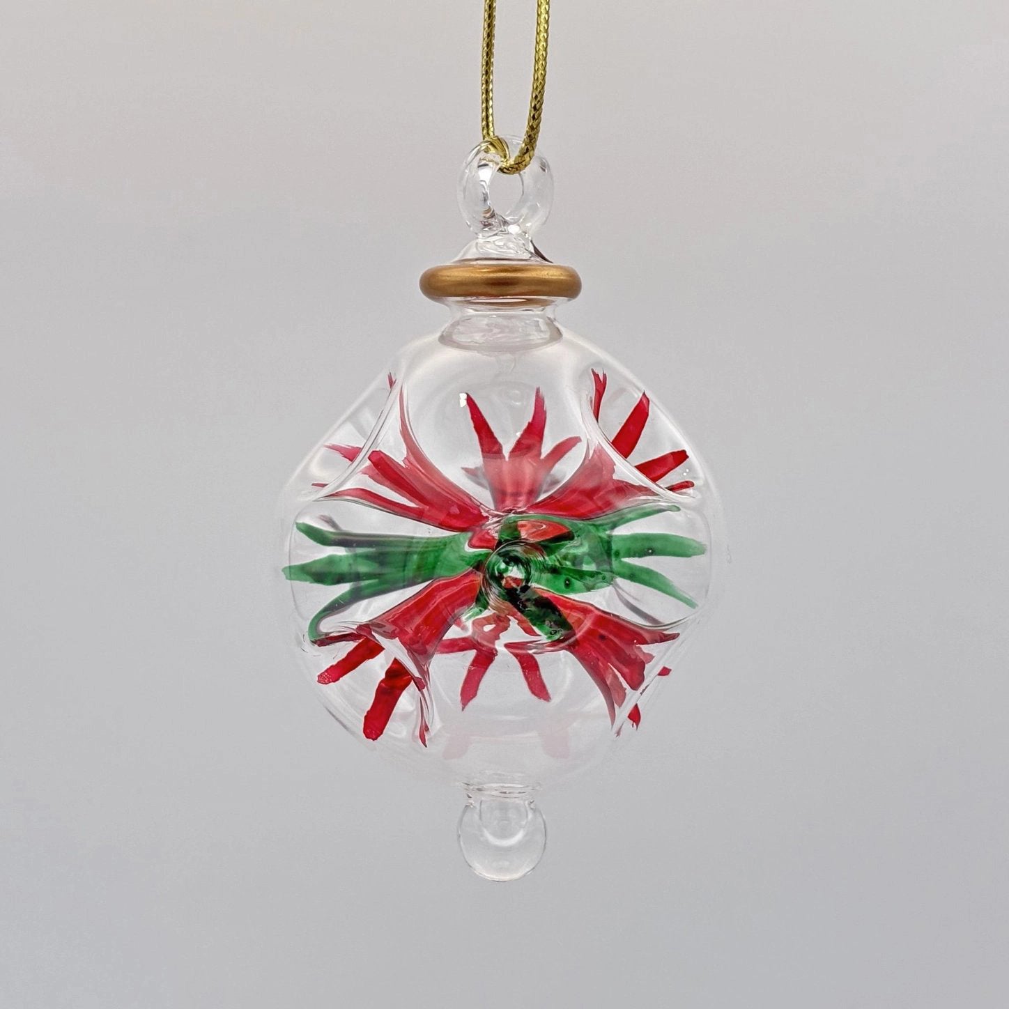 Hand-Blown Glass Small Ornament – Red + Green Blossoms