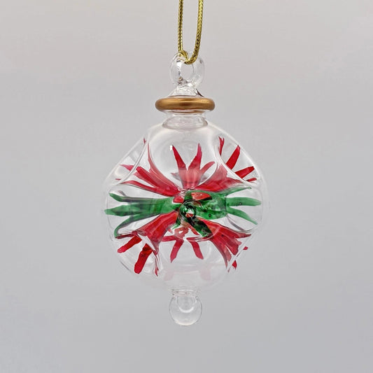 Hand-Blown Glass Small Ornament – Red + Green Blossoms